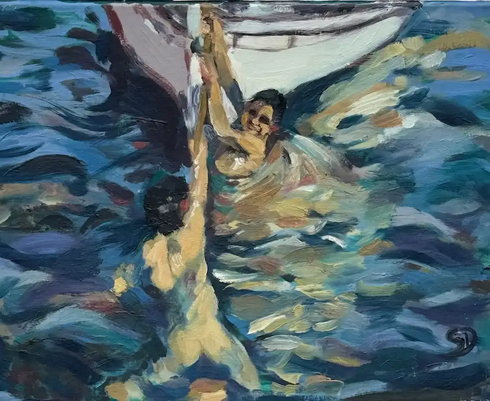 malerei zwei menschen am boot im wasser