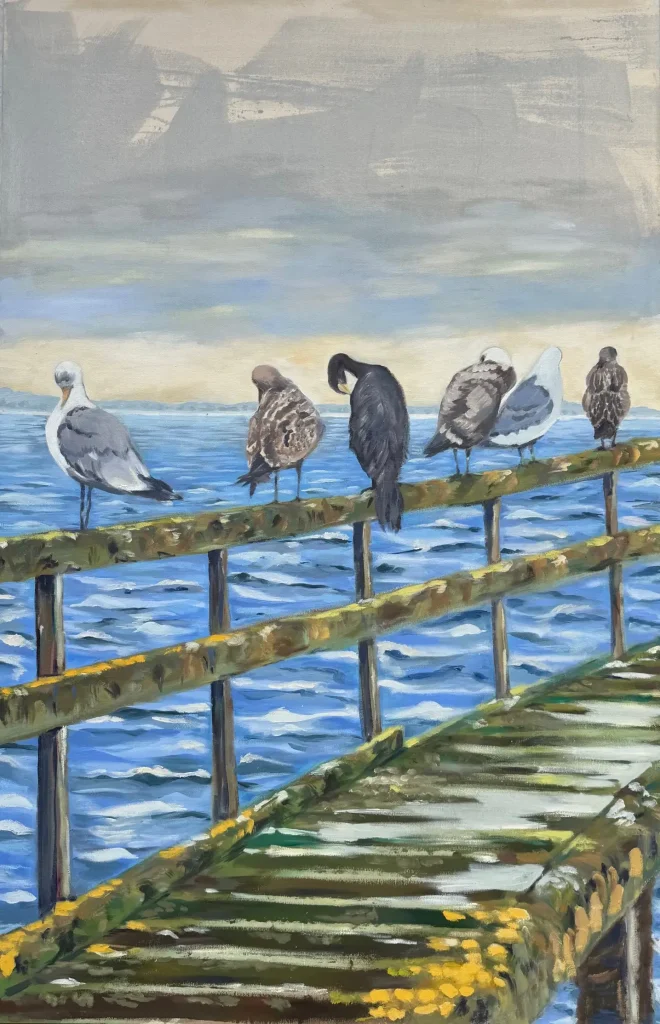 Malerei vom Meer, Vögel auf Steg